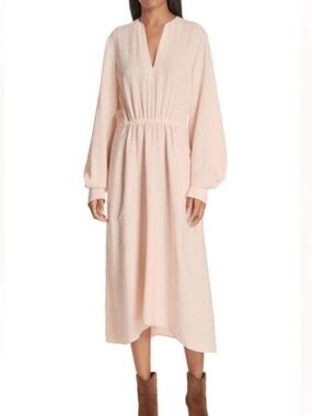 NWT Vince Poet midi dress beige v-neck long sleeve Sz XS